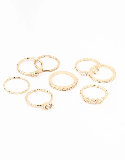 Fine Gold Diamante Ring Pack 8