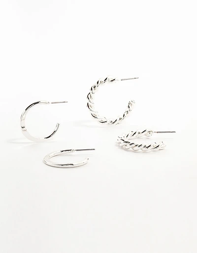 Silver Clean & Twisted Hoop Earrings 2-Pack