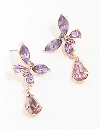 Rose Gold Diamante Purple Butterfly Drop Earrings
