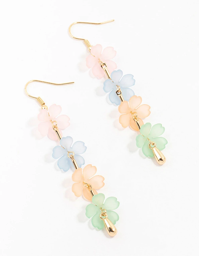 Gold Multicoloured Flower Strand Drop Earrings