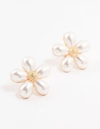 Large Gold Pearl Flower Stud Earrings