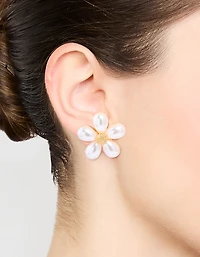 Large Gold Pearl Flower Stud Earrings