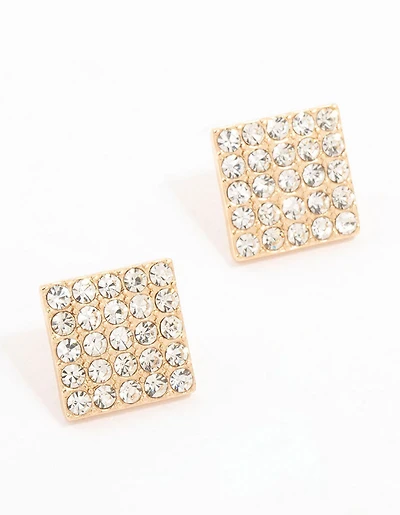Gold Square Pave Diamante Stud Earrings