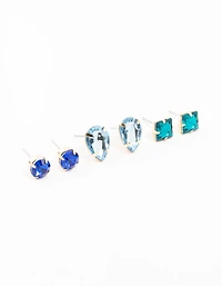 Blue Square, Pear & Circle Gold Stud Earrings 3-Pack