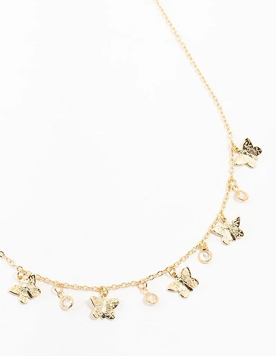 Gold Plated Diamante Butterfly Droplet Necklace