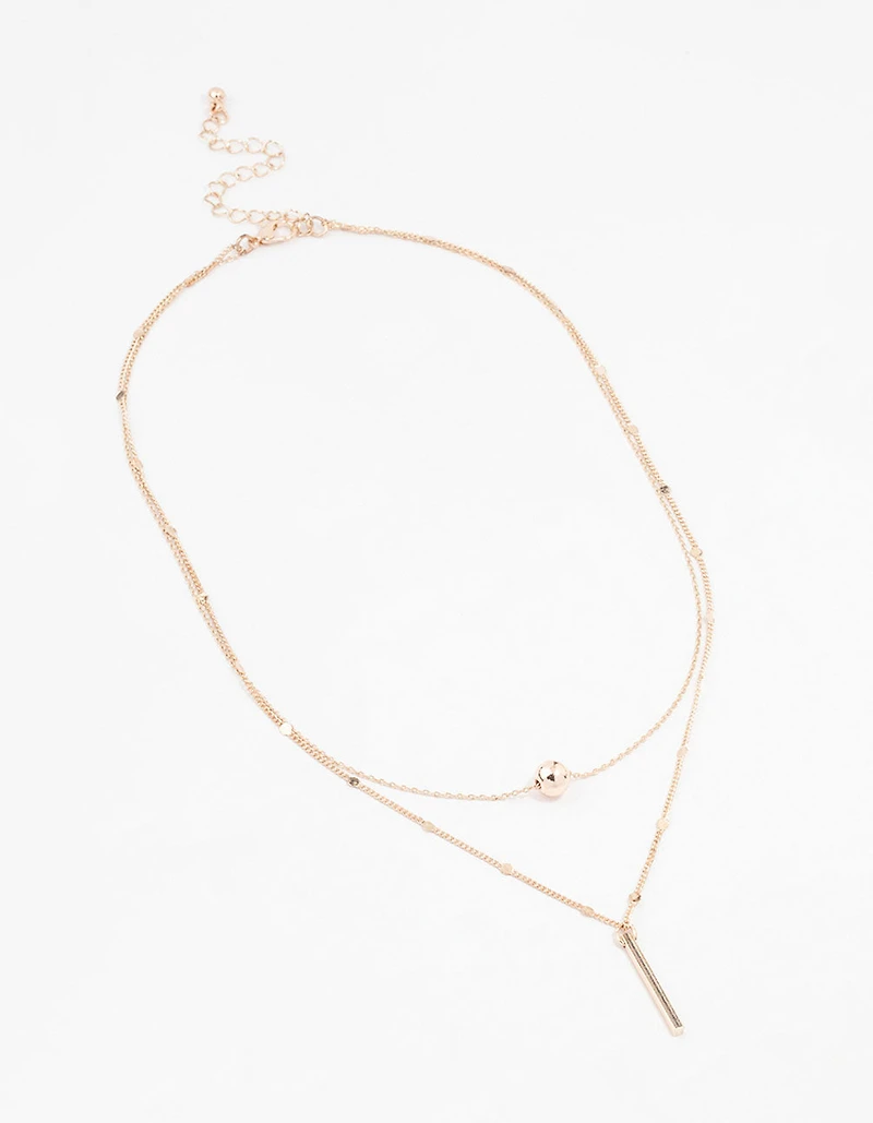 Rose Gold Bar & Ball Layered Chain Necklace