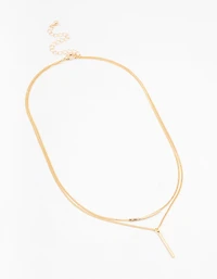 Gold Double Chain Bar Necklace