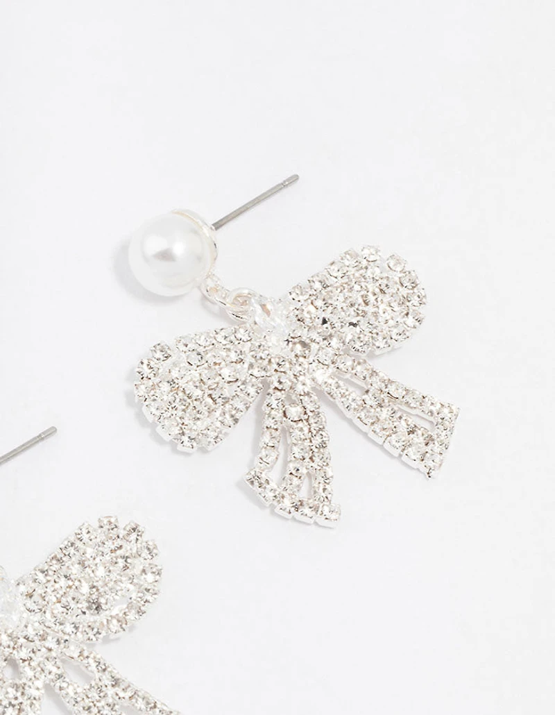 Silver Pearl Diamante Small Bow Drop Earrings