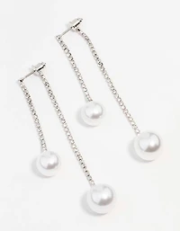 Silver Double Diamante Pearl Drop Earrings
