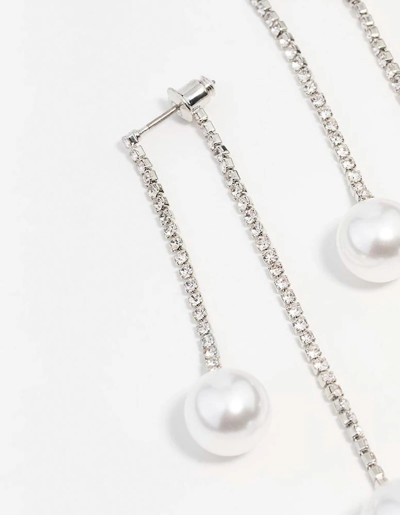 Silver Double Diamante Pearl Drop Earrings