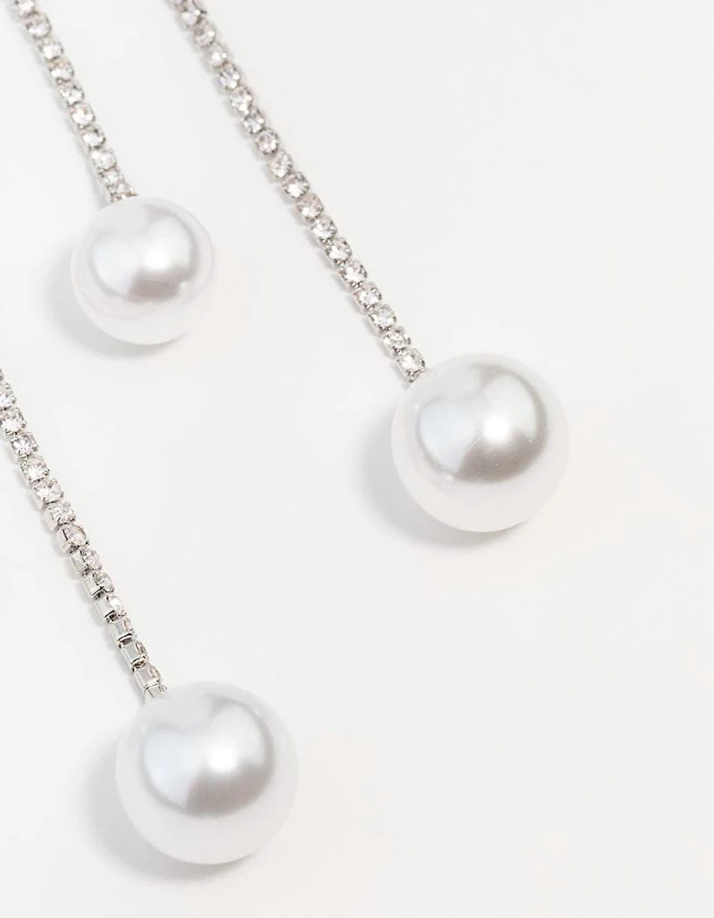 Silver Double Diamante Pearl Drop Earrings