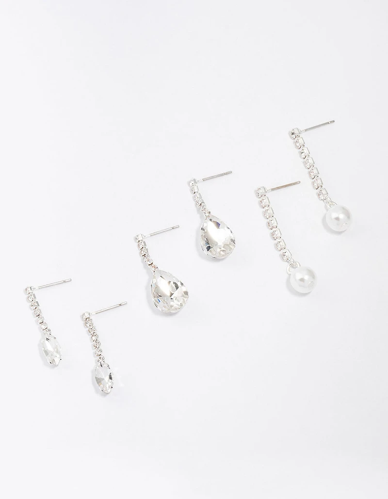 Silver Diamante Drop Earrings 3-Pack