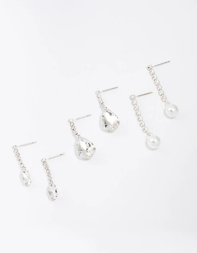 Silver Diamante Drop Earrings 3-Pack