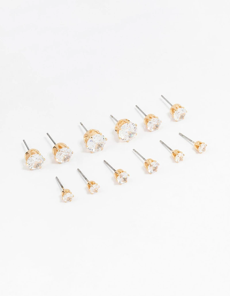 Classic Gold Round Cubic Zirconia Earrings 6-Pack
