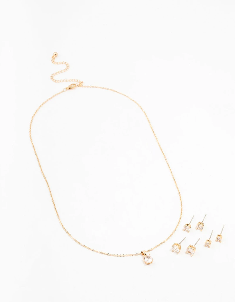 Gold Cubic Zirconia 6-Pack Stud  Earrings & Necklace Set