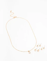Gold Cubic Zirconia 6-Pack Stud  Earrings & Necklace Set