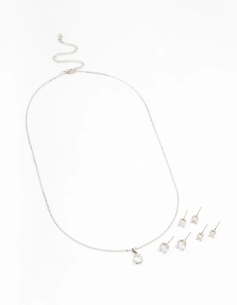 Silver Multiple Cubic Zirconia 6-Pack Stud Earrings & Necklace Set