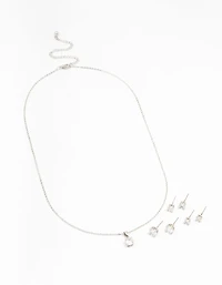 Silver Multiple Cubic Zirconia 6-Pack Stud Earrings & Necklace Set