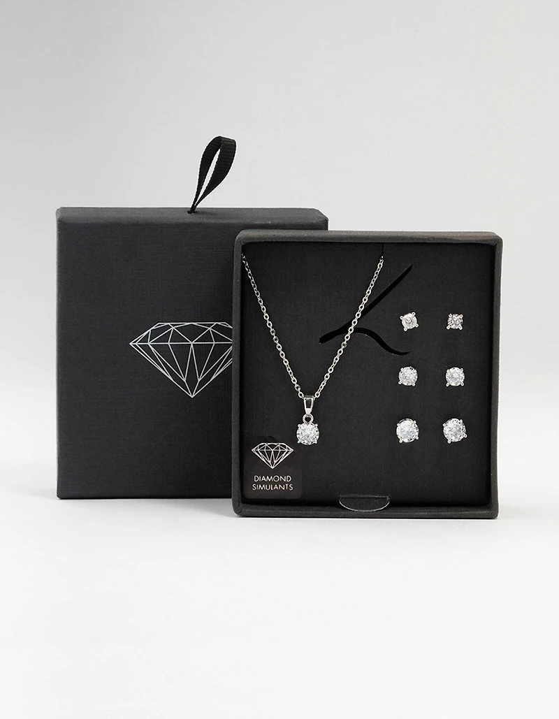 Silver Multiple Cubic Zirconia 6-Pack Stud Earrings & Necklace Set