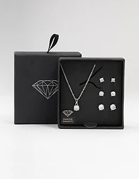 Silver Multiple Cubic Zirconia 6-Pack Stud Earrings & Necklace Set