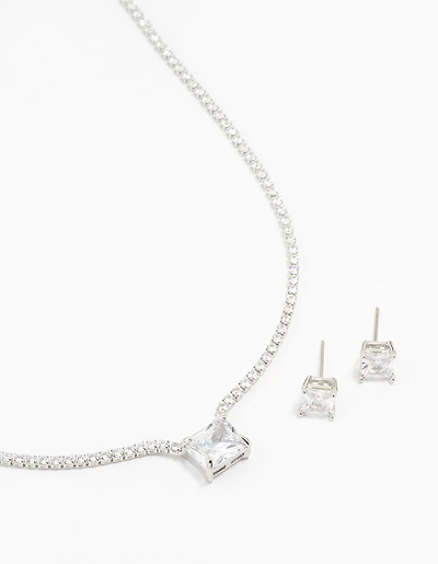 Square Silver Cubic Zirconia Necklace & Stud Earrings Pack