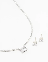 Square Silver Cubic Zirconia Necklace & Stud Earrings Pack