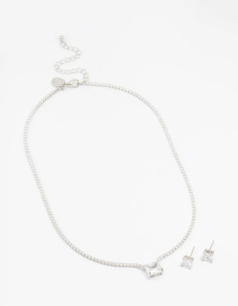 Square Silver Cubic Zirconia Necklace & Stud Earrings Pack
