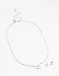 Square Silver Cubic Zirconia Necklace & Stud Earrings Pack
