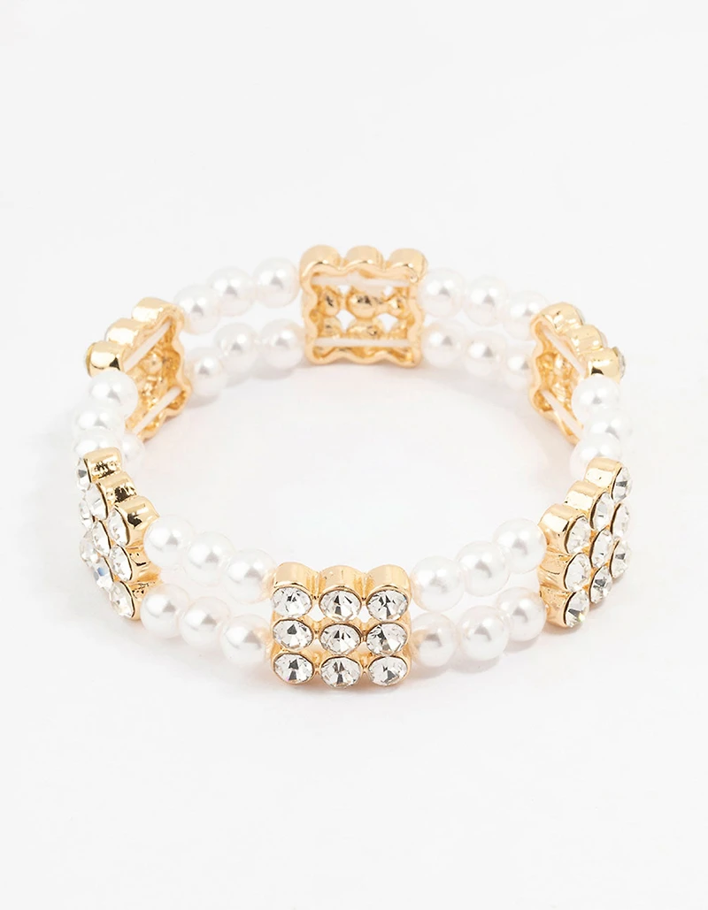 Gold Diamante & Pearl Multiple Layer Bracelet