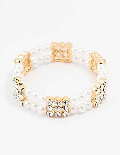 Gold Diamante & Pearl Multiple Layer Bracelet