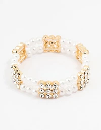 Gold Diamante & Pearl Multiple Layer Bracelet