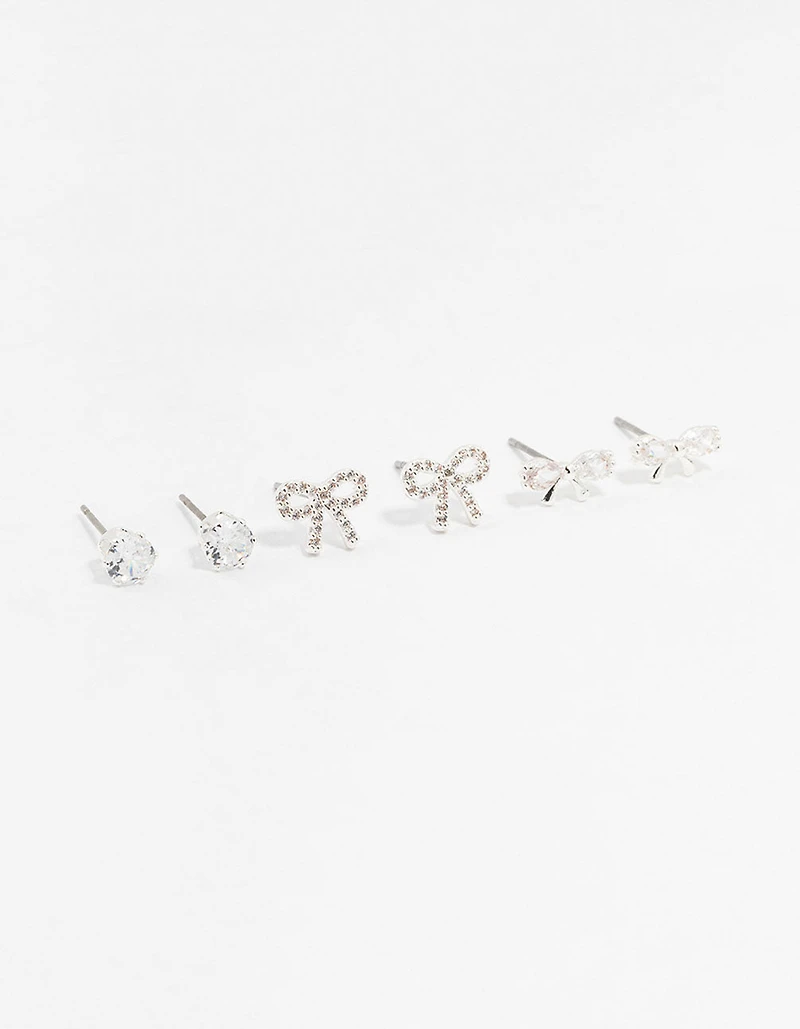 Silver Cubic Zirconia Sweet Bow Stud Earrings 3-Pack