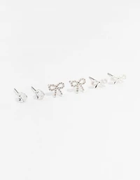 Silver Cubic Zirconia Sweet Bow Stud Earrings 3-Pack