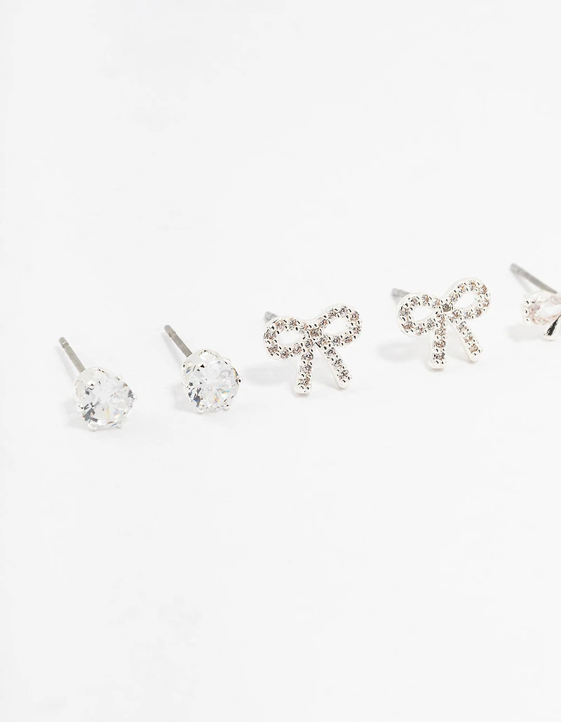 Silver Cubic Zirconia Sweet Bow Stud Earrings 3-Pack