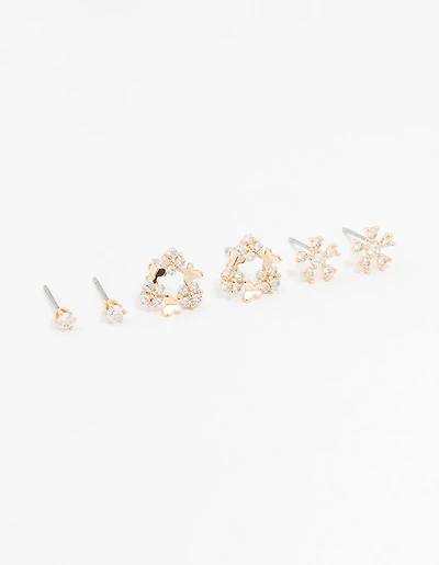 Gold Cubic Zirconia Floral Stud Earrings 3-Pack