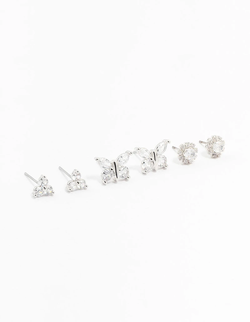 Silver Cubic Zirconia Butterfly Stud Earrings 3-Pack