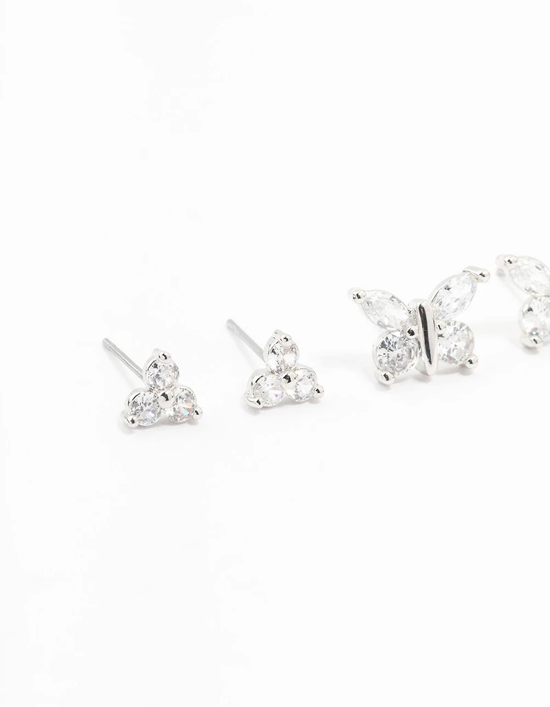 Silver Cubic Zirconia Butterfly Stud Earrings 3-Pack