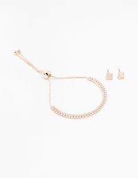 Rose Gold Cubic Zirconia Square Earrings & Tennis Bracelet Set