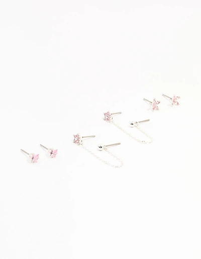 Silver Plated Brass  Heart Flower Chain Earrings 3-Pack