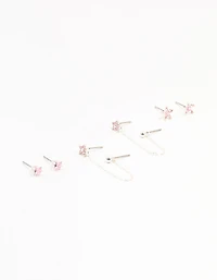 Silver Plated Brass  Heart Flower Chain Earrings 3-Pack