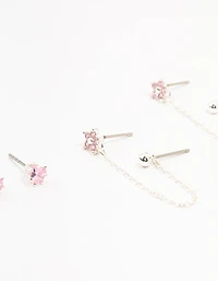 Silver Plated Brass  Heart Flower Chain Earrings 3-Pack