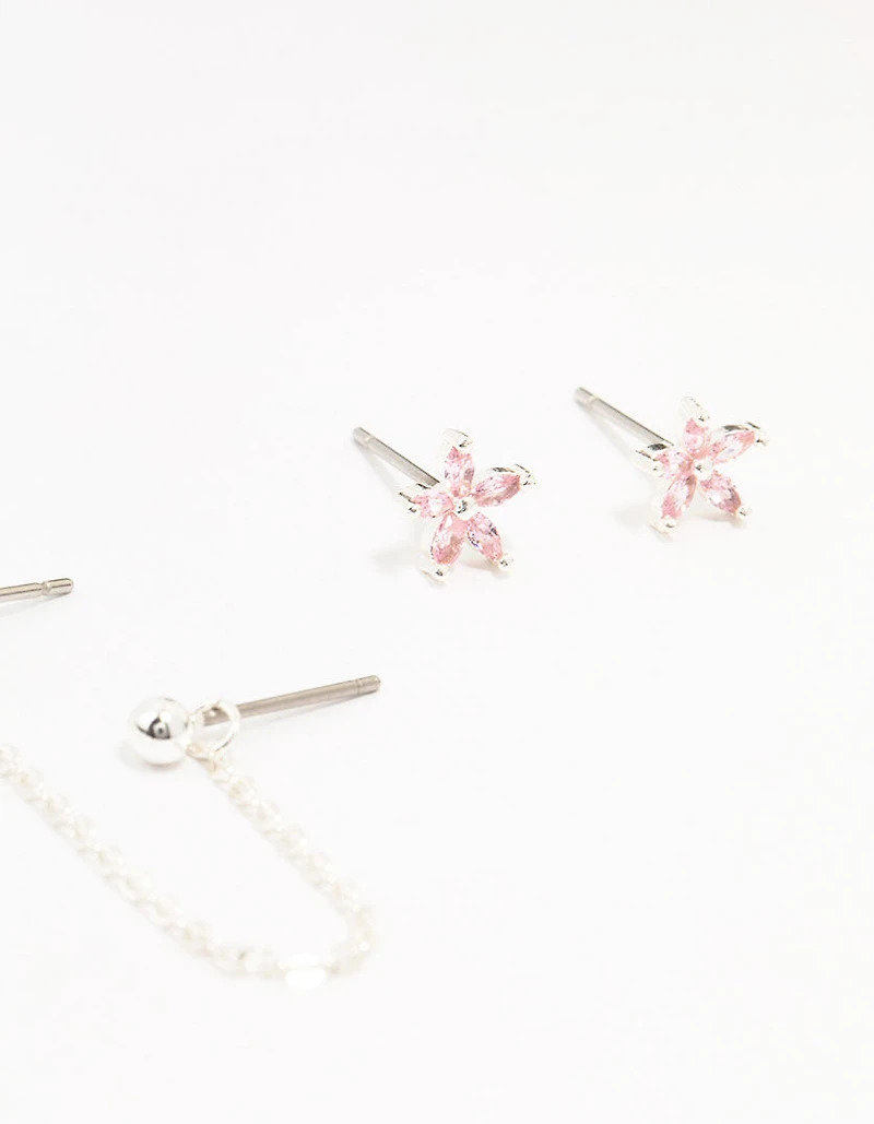 Silver Plated Brass  Heart Flower Chain Earrings 3-Pack
