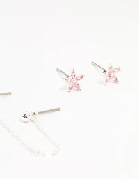 Silver Plated Brass  Heart Flower Chain Earrings 3-Pack