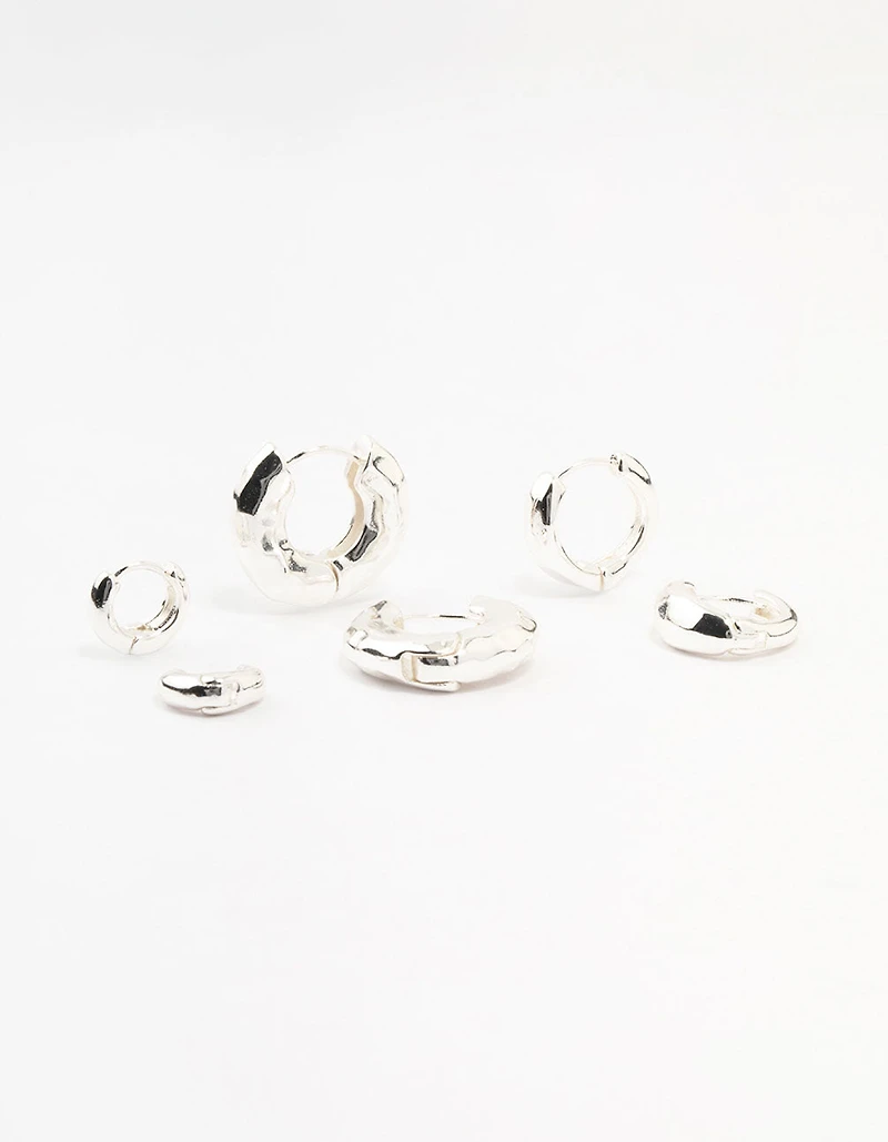 Silver Plated Brass Hammered Graduating Hoop Earrings 3-Pack