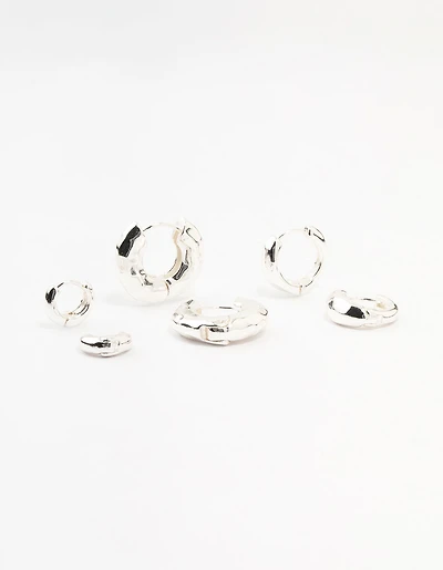 Silver Plated Brass  Hammered Graduating Hoop Earrings 3-Pack