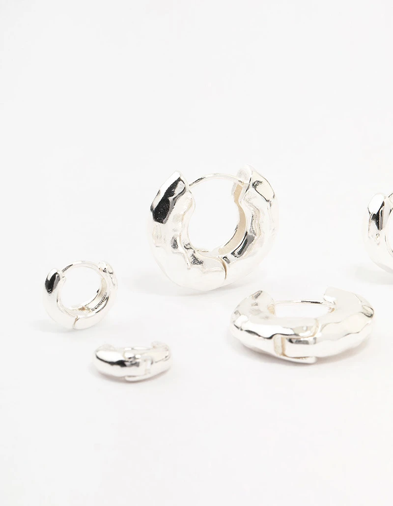 Silver Plated Brass  Hammered Graduating Hoop Earrings 3-Pack