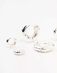 Silver Plated Brass  Hammered Graduating Hoop Earrings 3-Pack