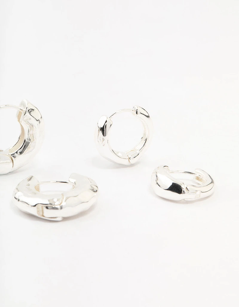 Silver Plated Brass  Hammered Graduating Hoop Earrings 3-Pack
