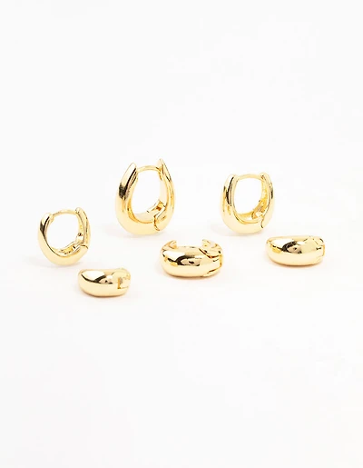 Gold Plated Brass Graduating Taper Hoop Earrings 3-Pack