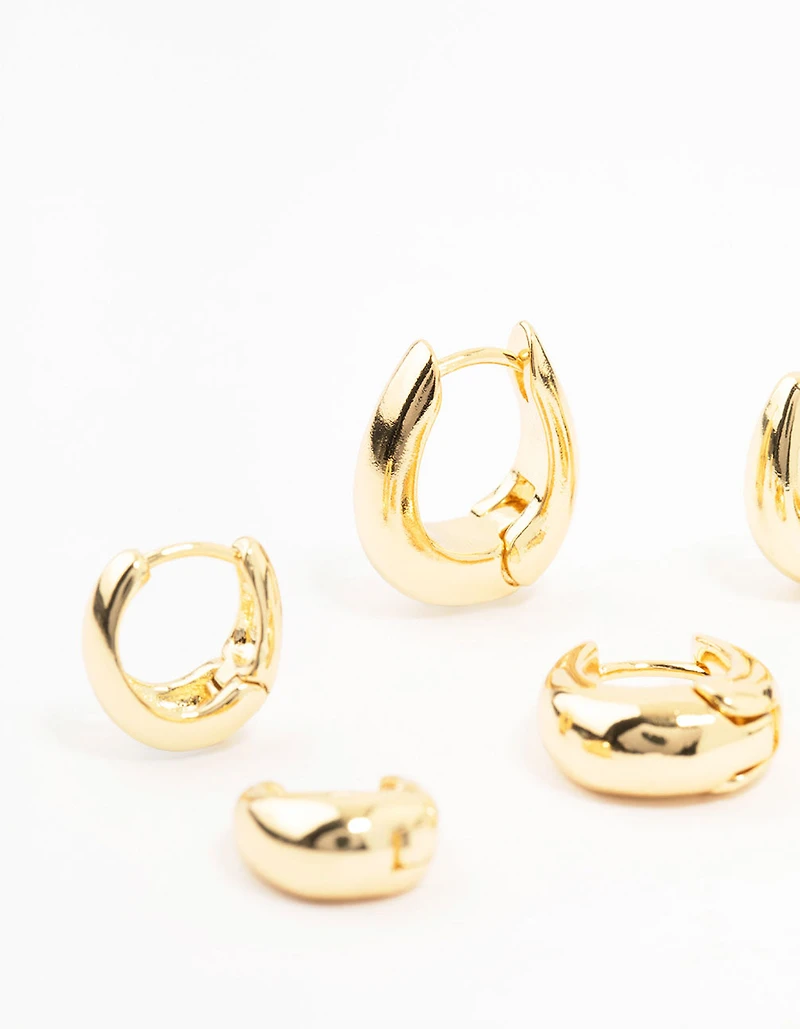 Gold Plated Brass Graduating Taper Hoop Earrings 3-Pack
